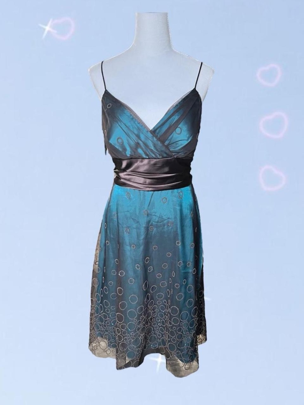Teal and Black Satin-Accent Spaghetti Strap Dress